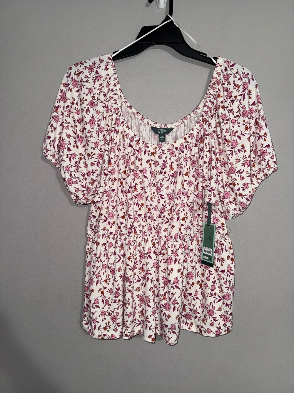 Terra & Sky Pink Floral Peplum Puff Sleeve Blouse 1x